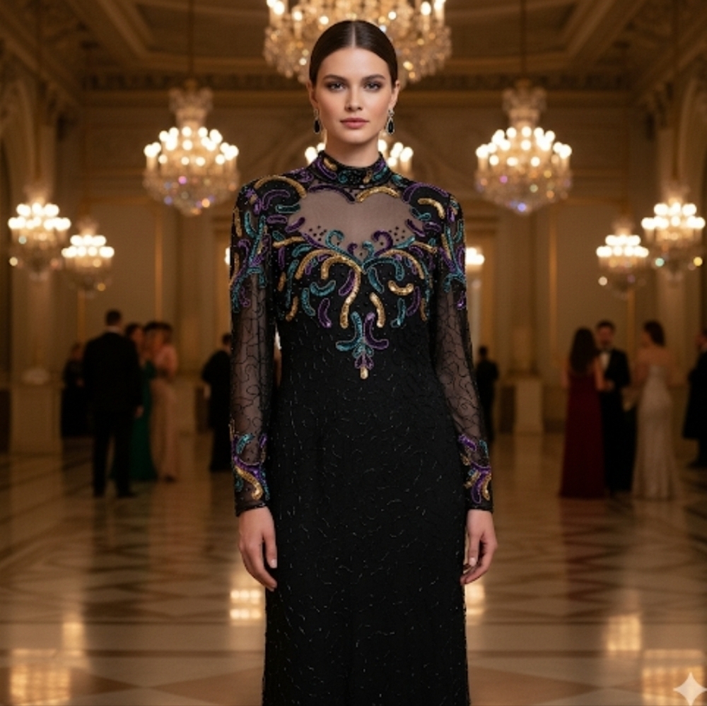 Laurence Kazar Silk Beaded Mesh Cut Out Evening Gown